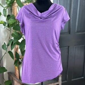 Orvis Passport Short Sleeve Tunic Sz L Purple Cowl Neck Asymmetrical Ruched Knit